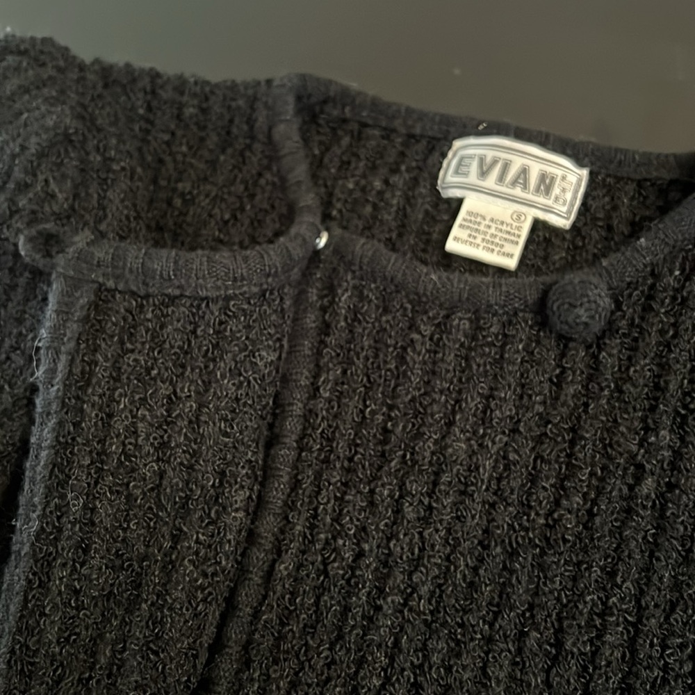 Vintage Evian Black Textured Cardigan Puff Sleeve Ribbed Knit Sweater Small - Picture 4 of 7